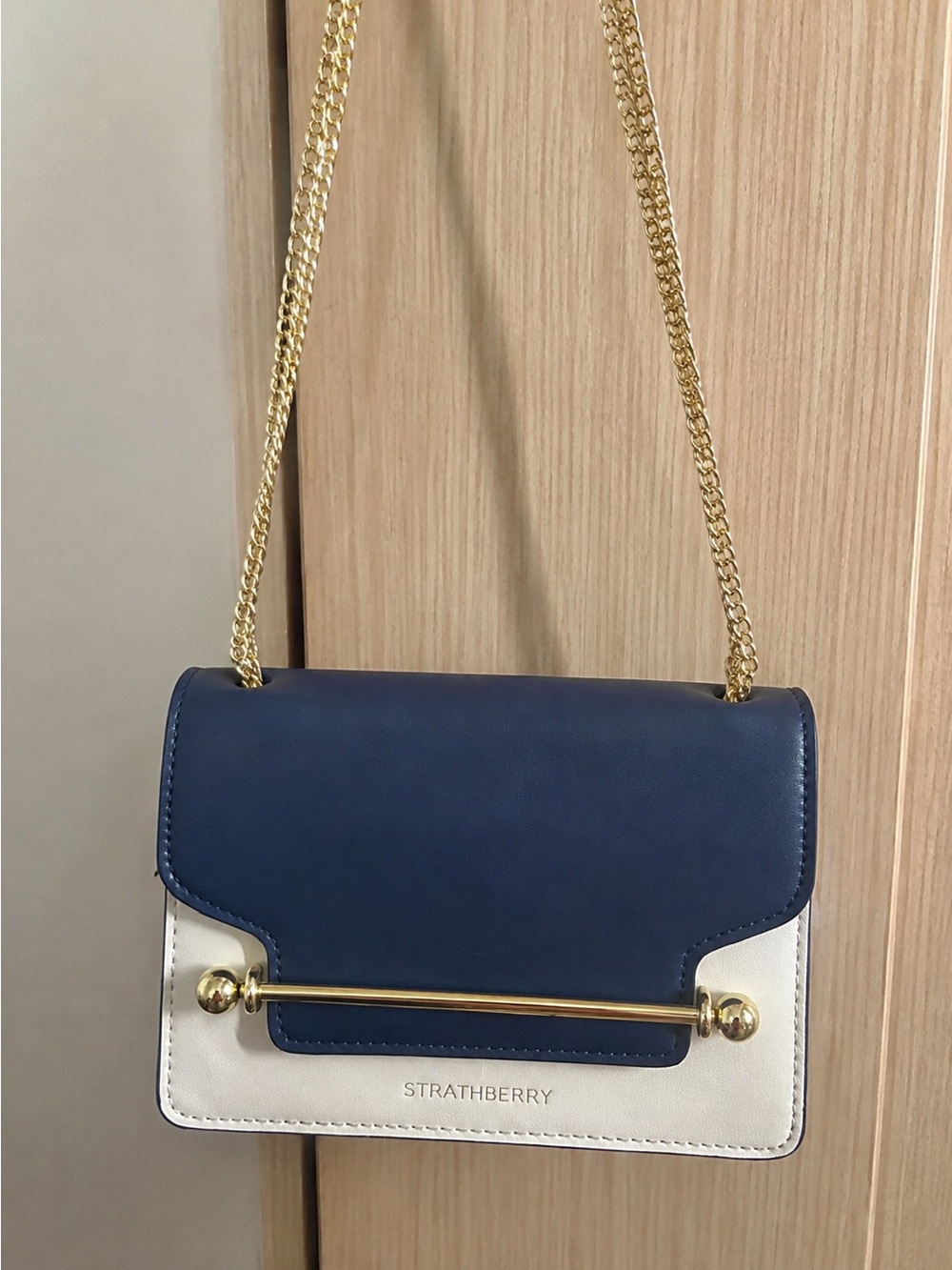 Strathberry Navy and White Leather Crossbody with Gold Bar